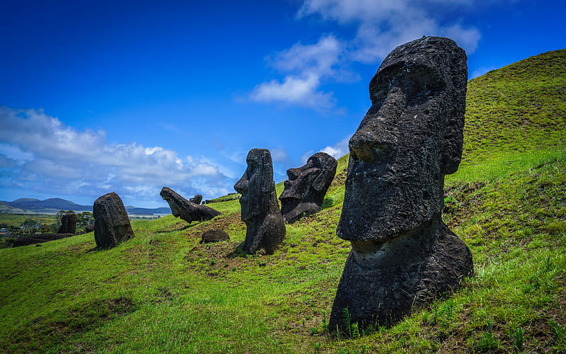 Hotu-iti, Easter Island, Tongariki territory, Ranu Raraku, Rapa Nui, Rano Raraku, landmark, stones, statues, HD wallpaper