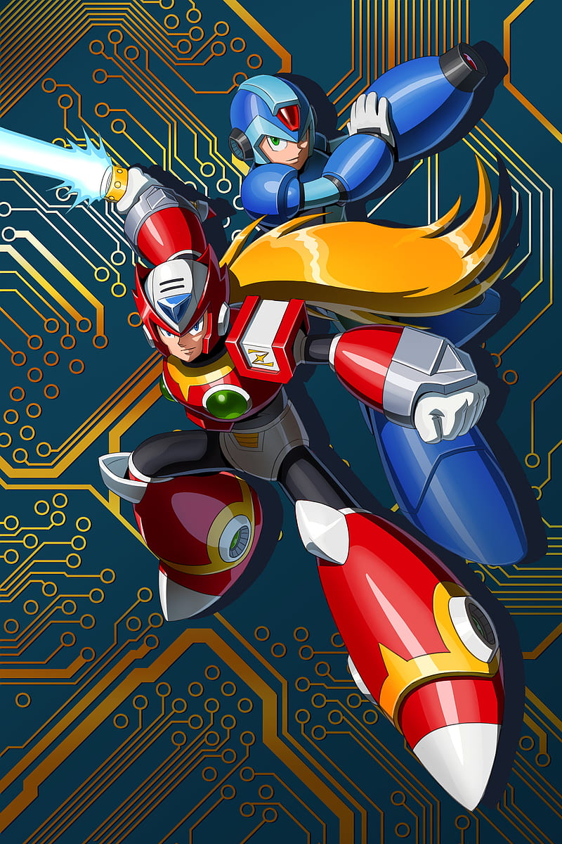 Megaman and Zero, blonde, blue, cannon, light, megaman, red, robot, saber, zero, HD phone wallpaper