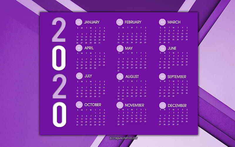 Purple 2020 Calendar, all months, purple abstract background, calendar for 2020, creative art, 2020 Calendar, HD wallpaper