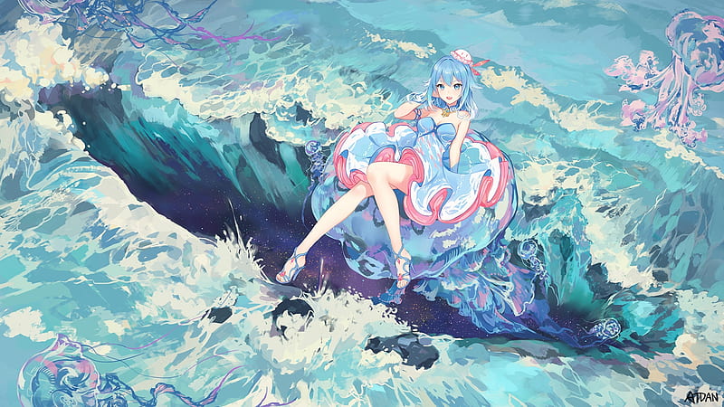 Jellyfish girl, manga, atdan, vara, girl, anime, summer, jellyfish, pink, blue, HD wallpaper