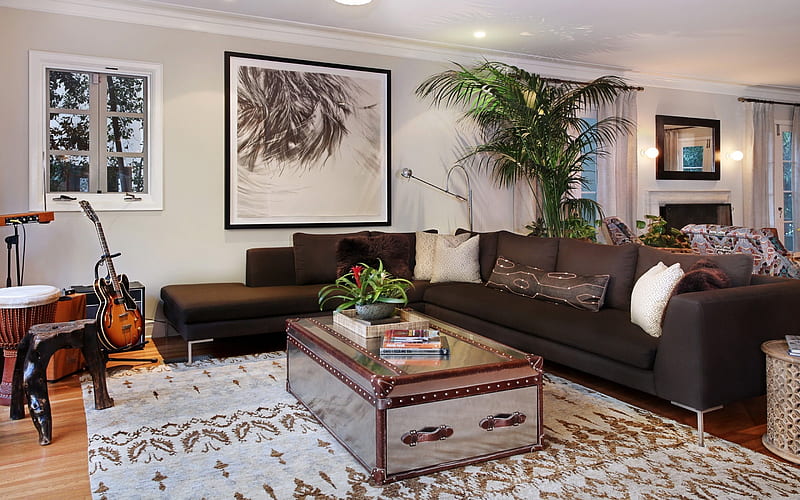chest, sofa, guitar, living room interior, amplifier, HD wallpaper