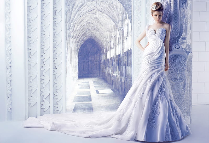 Bride, girl, model, michael cinco, white, woman, blue, HD wallpaper