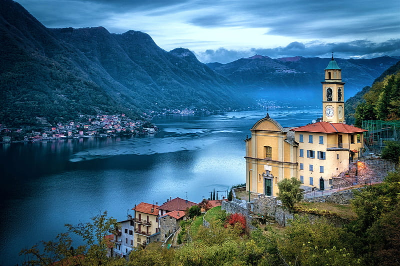 Lake Como, mountains, italy, building, alps, sky, clouds, HD wallpaper