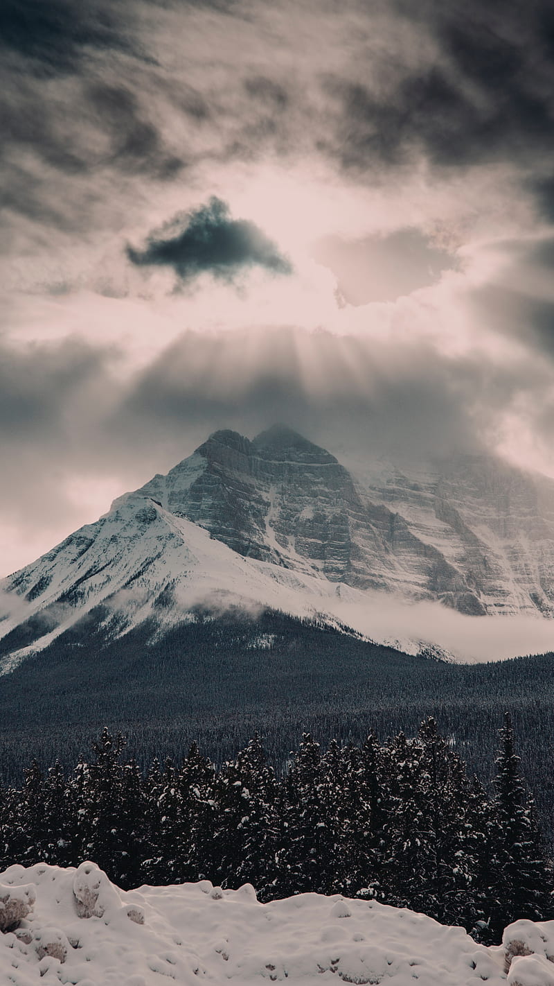 mountain, peak, clouds, snow, forest, HD phone wallpaper