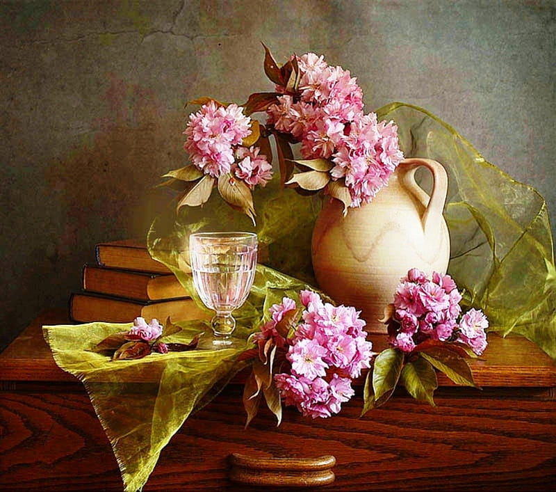 Vintage, table, bools, books, soft, still life, glass, graphy, case, flowers, beauty, nature, ceramics, pink, HD wallpaper