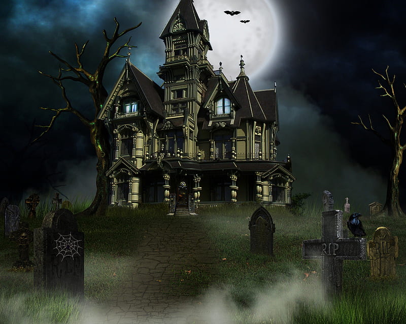 ✼.Creepy House.✼, grass, gravestone, bats, halloween, ground terrain, clouds, creepy, spiderweb, graveyard, ghostly, horrors, moons, cemetery, crows, houses, tombstones, love four seasons, haunted, creative pre-made, sky, trees, ravens, backgrounds, HD wallpaper