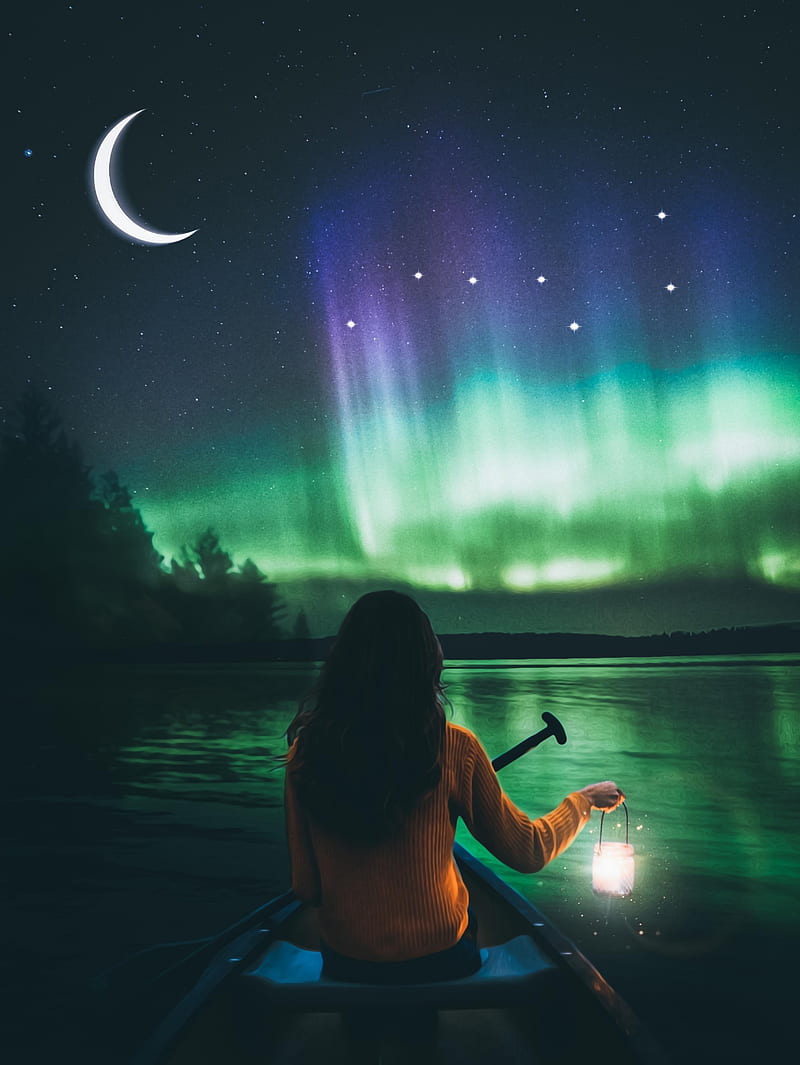 Green Aurora Borealis, aurora borealis, big bear, boreal, crescent moon, lake, lantern, moon, night, stars, woman, HD phone wallpaper