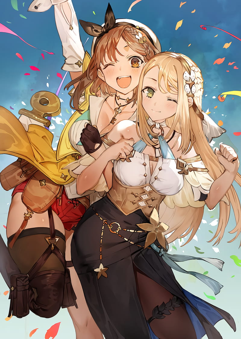 Atelier Ryza, anime girls, thighs, blonde, brown eyes, green eyes, blush, blushing, open mouth, smiling, brunette, long hair, arm warmers, thigh-highs, black thigh-highs, pantyhose, black pantyhose, skirt, black skirts, corset, low neckline, one eye closed, red shorts, shorts, petals, ribbons, braids, sky, bag, fists, cleavage, looking at viewer, keys, hat, gloves, Atelier, Klaudia Valentz, Reisalin Stout, jumping, lace garter, Toridamono, anime, two women, HD phone wallpaper