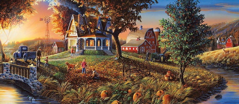 The Pumpkin Patch, autumn, cottage, cart, farm, bridge, pumpkin, painting, river, barns, dog, HD wallpaper