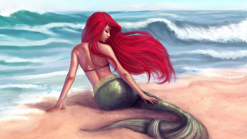 Beautiful Mermaid, beach, Fantasy, Redhead, Mermaid, HD wallpaper