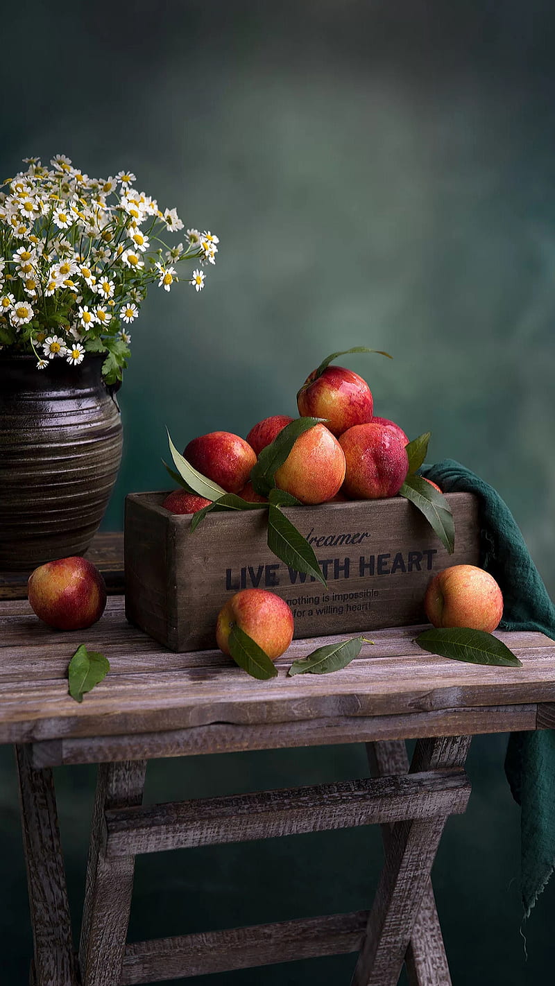Fresh Apples, flowers, food, fruit, fruits, red apples, table, wood, HD phone wallpaper