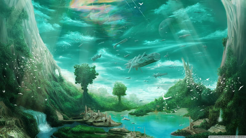 paradise, tree, airships, waterfall, river, HD wallpaper