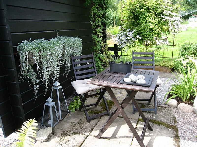 A place in the garden, garden, furnitures, green, plants, HD wallpaper