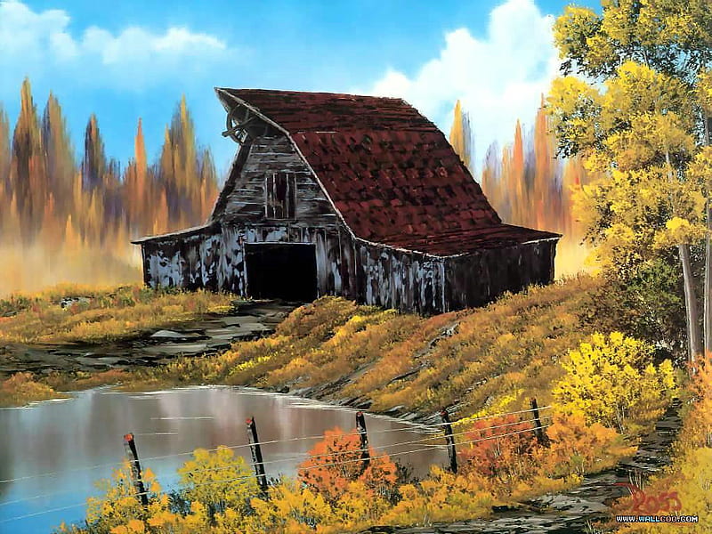 Rustic barn by Bob Ross, tree, painting, lake, barn, bob ross, HD wallpaper