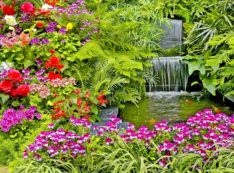 Flores del jardín de primavera, rojo, rocas, naturaleza verde, primavera,  cascada de agua, Fondo de pantalla HD | Peakpx