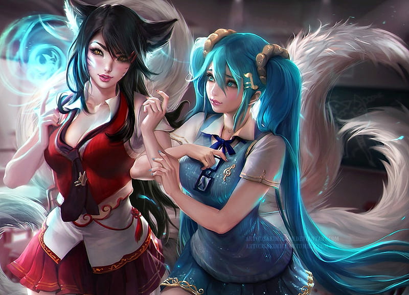 Ahri and Sona - School days, red, game, sakimichan, woman, league of legends, fantasy, beauty, couple, blue, art, luminos, nine tails, sona, girl, fox, white, ahri, HD wallpaper