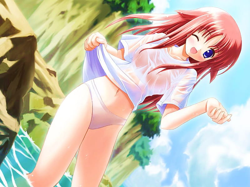 Anime Girl, girl, anime, t shirt, panty, island, pink hair, HD wallpaper