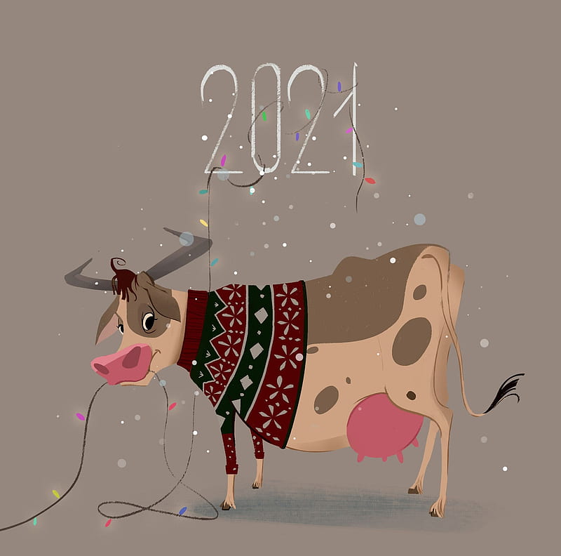Happy New Year!, 2021, art, helen stelmakh, cow, fantasy, chinese zodiac, ox, HD wallpaper