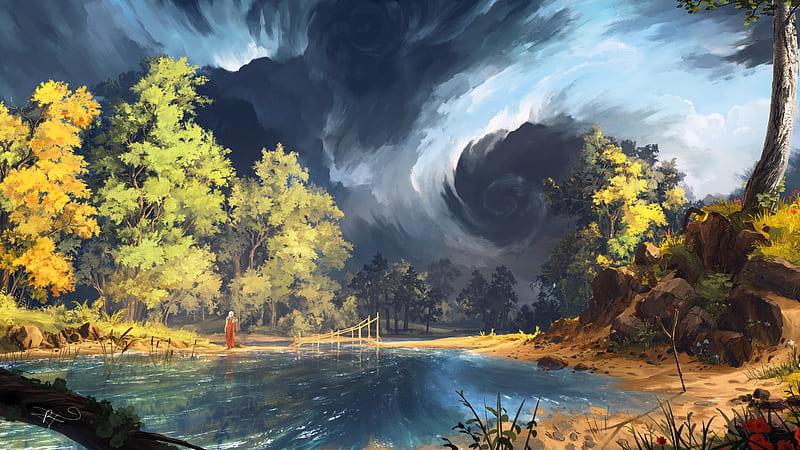 fantasy landscape, stream, river, forest, trees, scenery, woman, Fantasy, HD wallpaper
