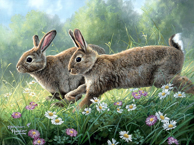Jumping for Joy, field, painting, rabbits, flowers, spring, trees, artwork, HD wallpaper