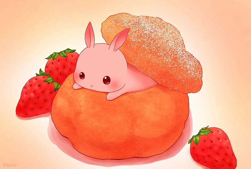 Strawberry Cream Puff, red, pretty, strawberry, puff, adorable, yum, animal, sweet, fruit, nice, yummy, delicious, rabbit, lovely, food, cute, kawaii, taste, tasty, simple, bunny, HD wallpaper