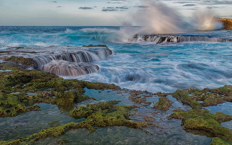waves, Coast, rocks, Caribbean Sea, Puerto Rico, HD wallpaper