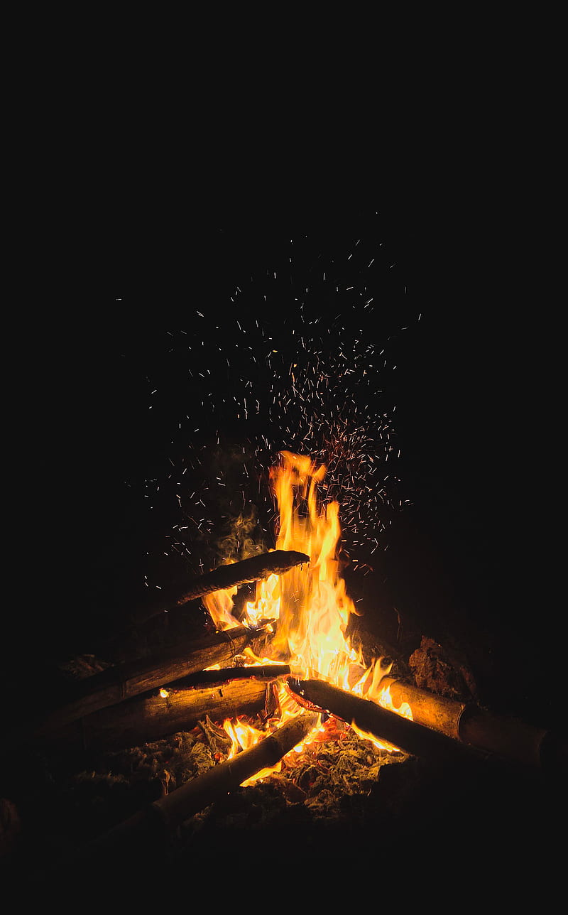 bonfire, wood, fire, flame, sparks, HD phone wallpaper