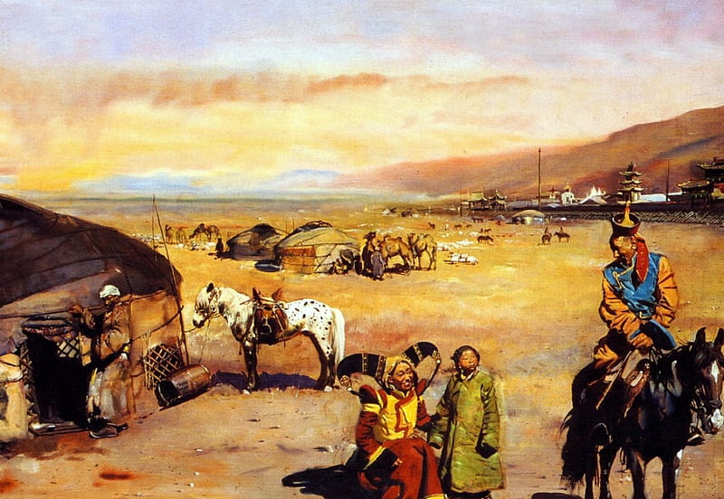 mongolian painting, tent, horse, woman, men, HD wallpaper
