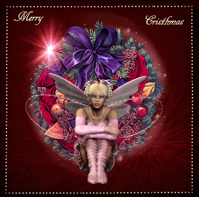 FAIRY CHRISTMAS, red, wreath, wings, christmas, pink, fairy, HD