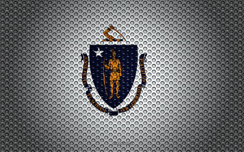 Flag of Massachusetts American state, creative art, metal mesh texture, Massachusetts flag, national symbol, Massachusetts, USA, flags of American states, HD wallpaper