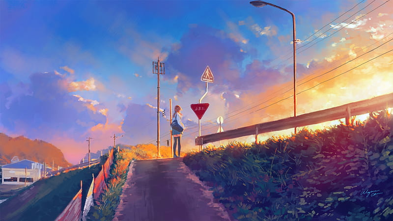 seifuku, anime girl, sunset, school uniform, sky, clouds, Anime, HD wallpaper