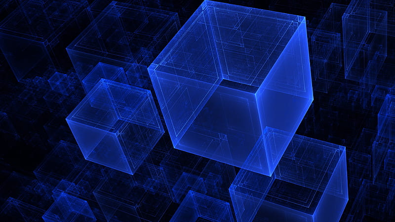 hologram cubes, blue nested lines, 3D, HD wallpaper
