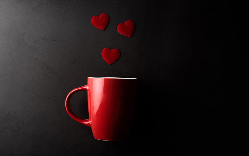 Valentines Day, red cup, red hearts, February 14, love concepts, gray stone background, HD wallpaper