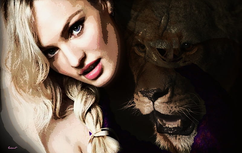 Candice Swanepoel , poster, oil painting, art, model, head, by cehenot, woman, lion, animal, girl, face, Candice Swanepoel, HD wallpaper