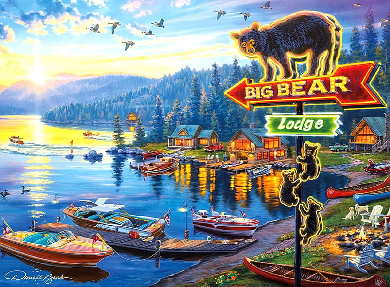 Big Bear Lodge, lakes, love four seasons, canoes, attractions in dreams, resorts, boats, paintings, mountains, summer, nature, bears, cabins, HD wallpaper