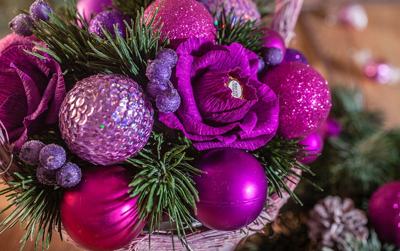 Happy Holidays!, ball, deco, purple, craciun, green, christmas, flower, pink, HD wallpaper