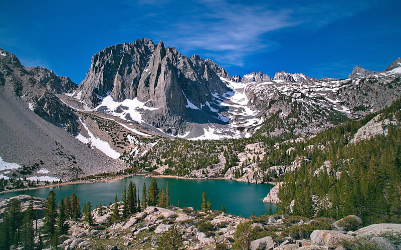Third Lake and Temple Crag, California, water, usa, snow, trees, landscape, HD wallpaper