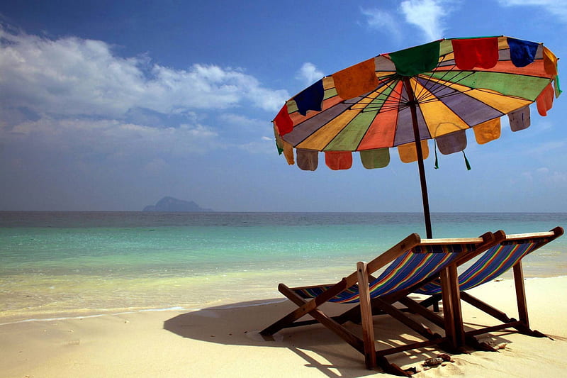 Beach Parasol, polynesia, islands, exotic, ocean, umbrella, sea, lagoon, beach, loungers, sand, paradise, island, parasol, tropical, south pacific, blue, HD wallpaper
