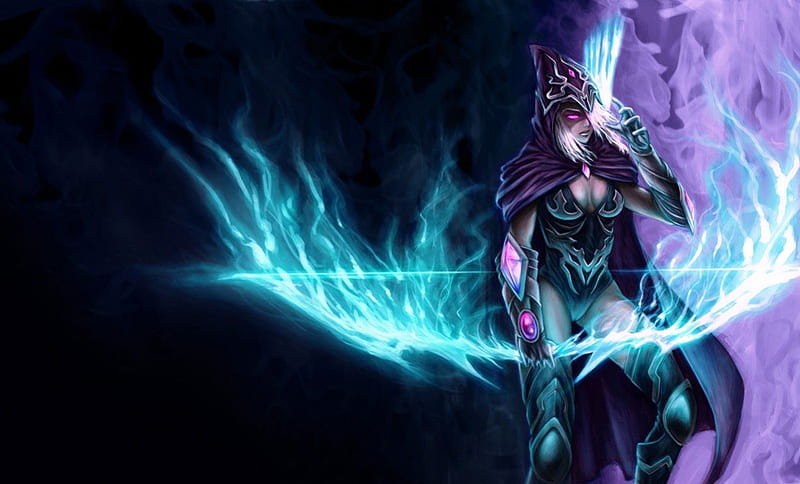 Ashe, bow, arrow bow, sexy, league of legends, armor, breasts, light bow, cool, warrior, cape, dark, hot, HD wallpaper