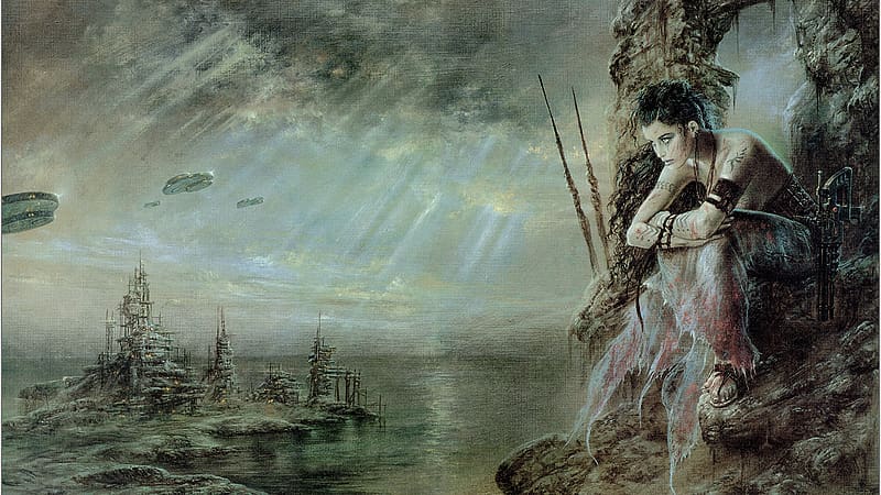 The Wait, luis royo, view from the top, art, fantasy, girl, water, draw, HD wallpaper