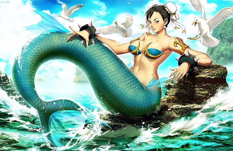 Mermaid Chun Li, girl, genzoman, mermaid, siren, blue, chun li, vara, water, fantasy, summer, HD wallpaper