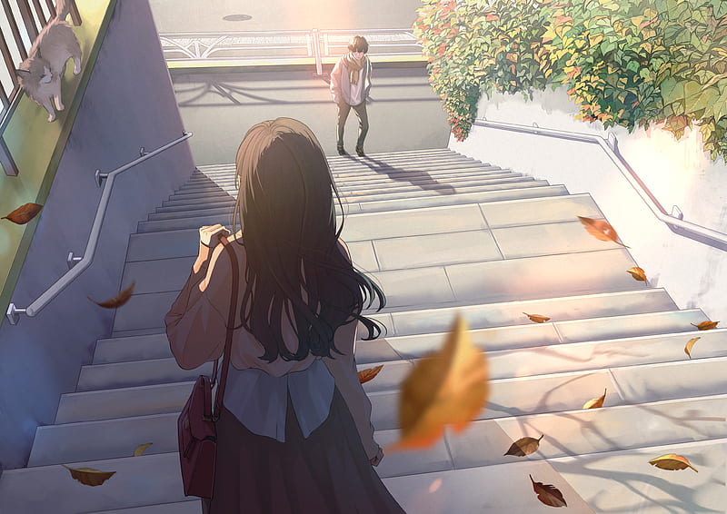 anime couple, stairs, autumn leaves, stare at each other, romance, Anime, HD wallpaper