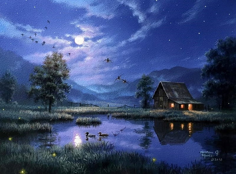 Summer Night, moons, love four seasons, ducks, farms, attractions in dreams, sky, clouds, fireflies, pond, paintings, summer, nature, night, HD wallpaper
