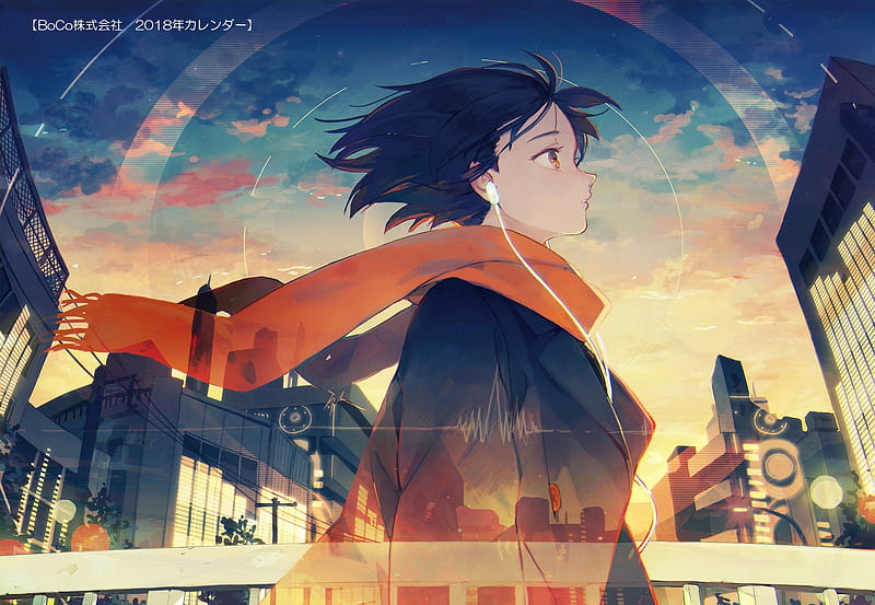 anime girl, scarf, earphone, buildings, profile view, Anime, HD wallpaper
