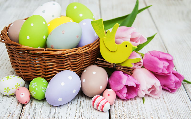 Painted easter eggs, spring, pink tulips, Easter, basket with eggs, spring flowers, HD wallpaper
