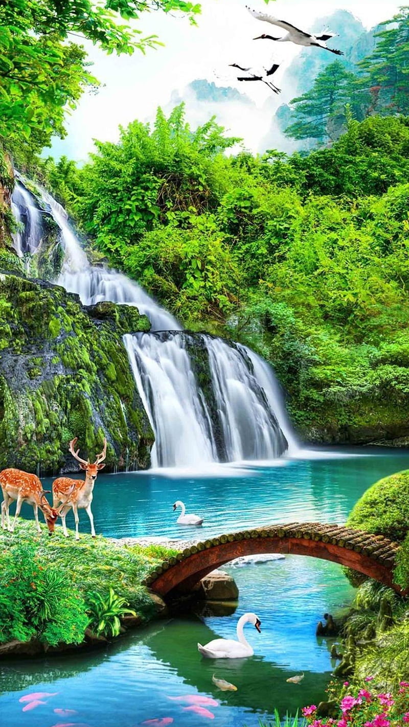 Nature, birds, blue water, bridge, deer, green, lake, trees, waterfall, waterfalls, HD phone wallpaper