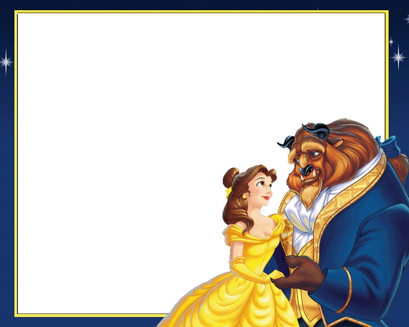 Beauty and the Beast, movie, frame, belle, yellow, card, beast, beauty, white, princess, disney, blue, HD wallpaper