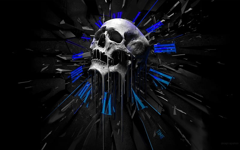 Abstract Skull Blue, clocks, black background, graphics, abstract, skull, 3D render, HD wallpaper