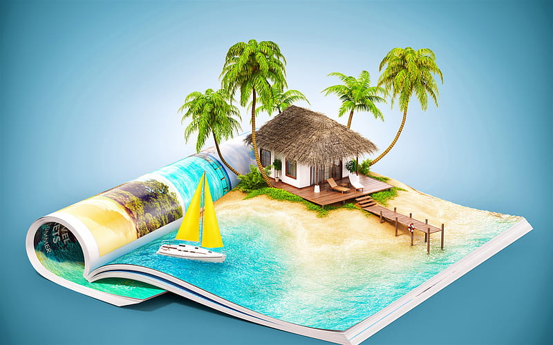 tropical island, 3d art, magazine, tourism concepts, travel, palms, yacht, summer, beach, ocean, HD wallpaper