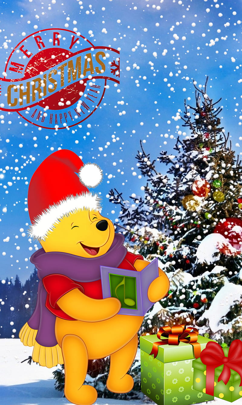 merry christmas, cartoon, gift, winnie pooh, winter, xmas, HD phone wallpaper